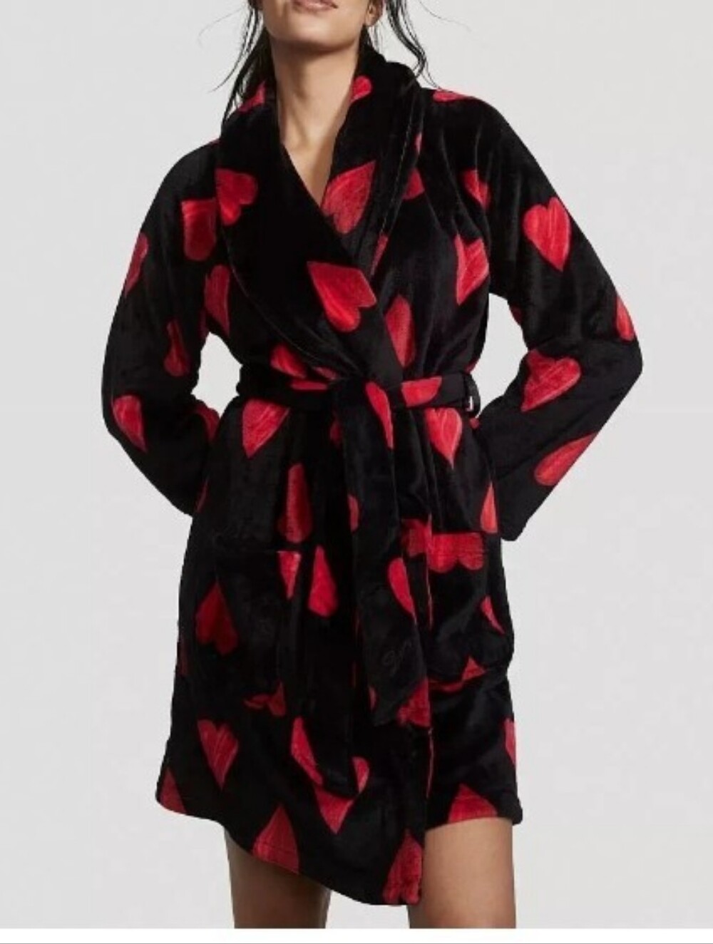 Vs Heart Print Short Cozy Robe